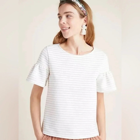 ERI + ALI by ANTHROPOLOGIE‎ Striped Frill Top in Ivory - Picture 1 of 10